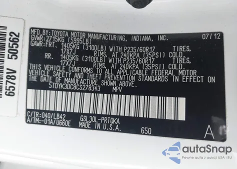 2012 Toyota Sienna Xle V6 8 Passenger from USA, damaged, VIN 5TDYK3DC8CS278343